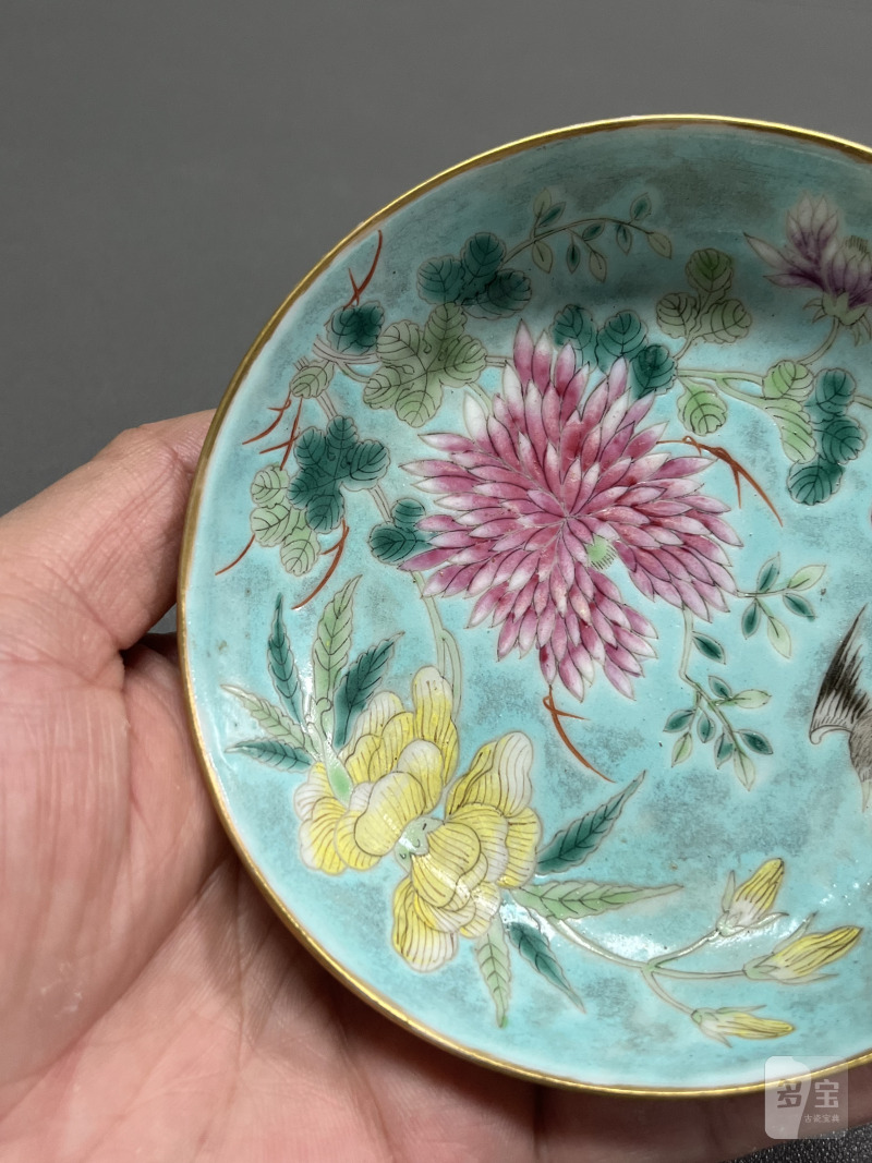 清光绪  松石绿地粉彩花鸟纹盘（一对） - 图16